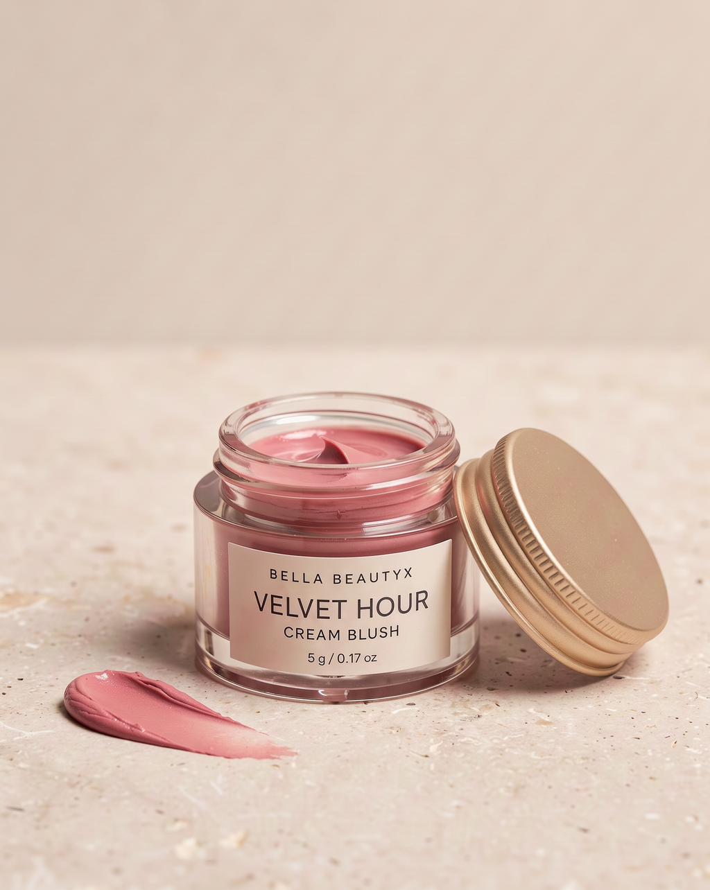 Velvet Hour Cream Blush — glass jar with ivory lid and rose-pink swatch